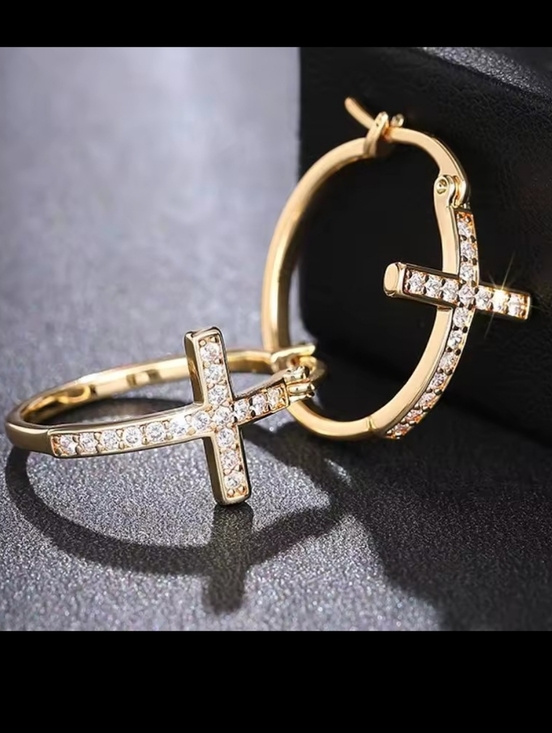 Jewelry - Gold Cross Hoop Earrings with Cubic Zirconia